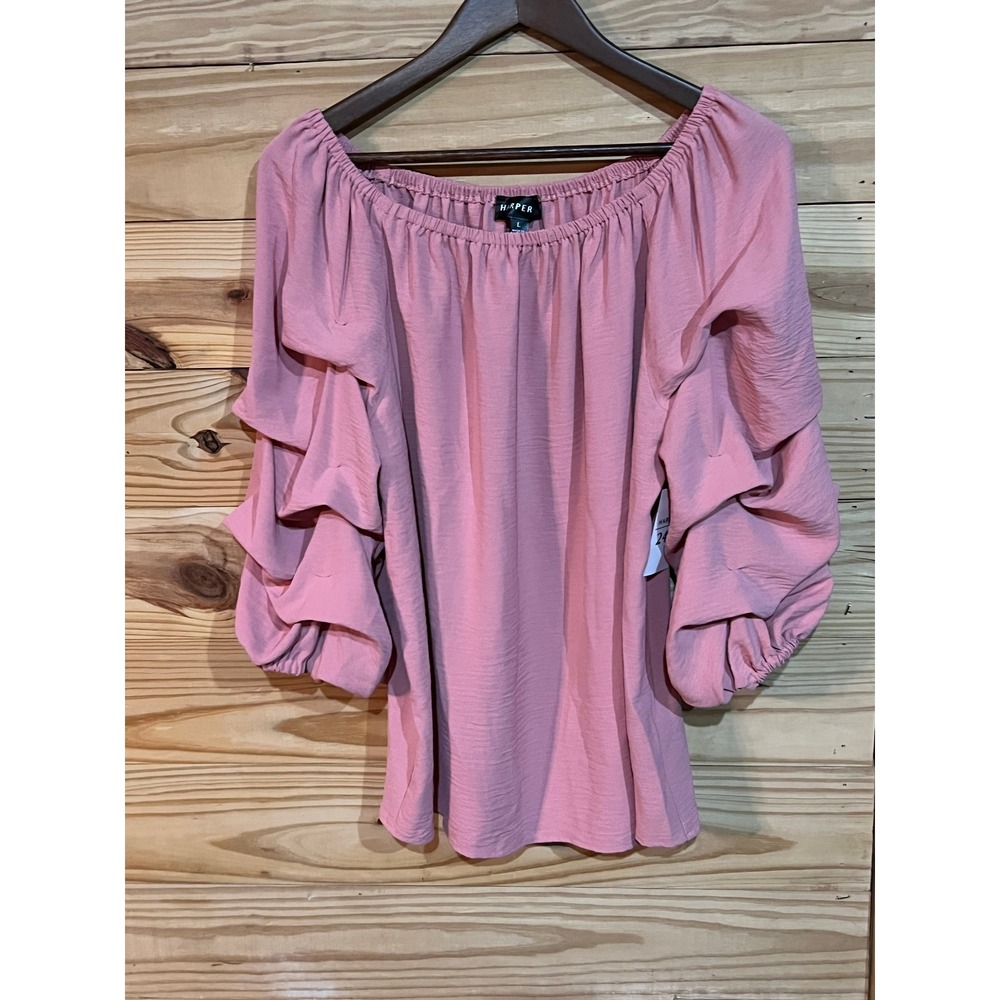 Harper 241 Womens L Pink Blush Off Shoulder Balloon Sleeve Boho Ruffle Top NWT